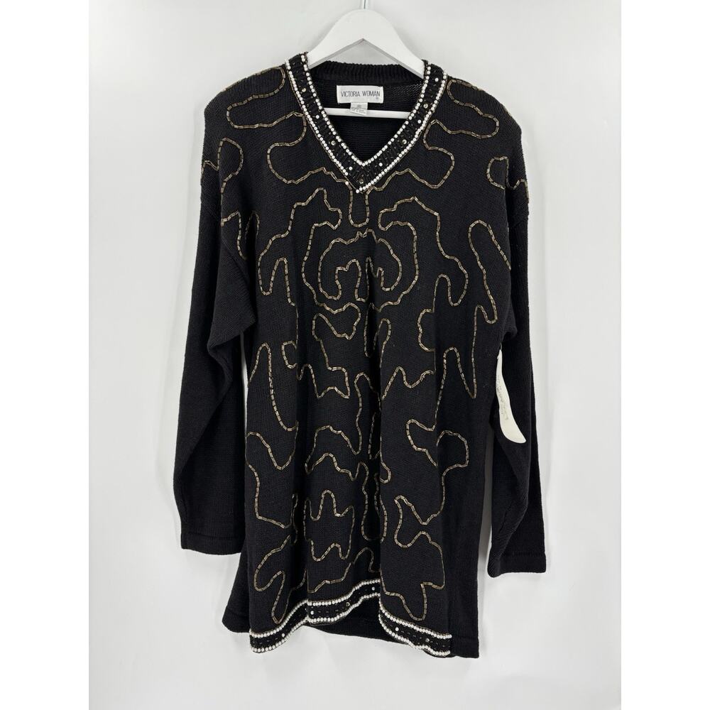 New with Flaws Vintage Victoria Woman Sweater Womens 3X Black Beaded Heavy Pearl